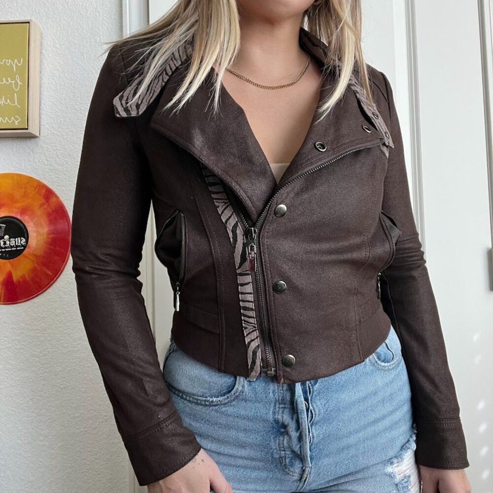 Vintage Y2K Off Limits Brown Zebra Trim Suede Bomber Jacket Sz XS